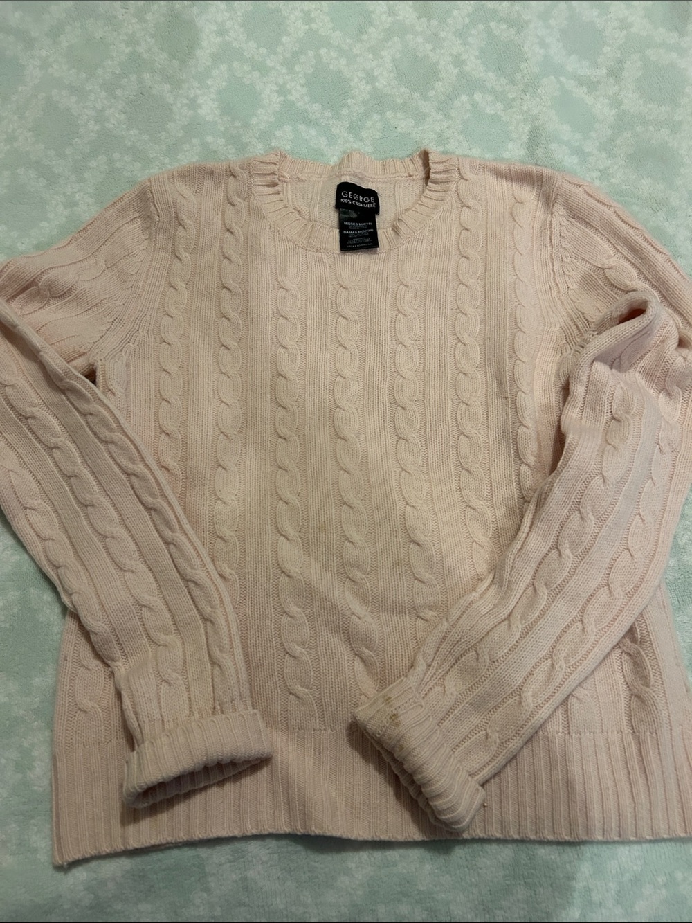 George Soft Cable-Knit Crewneck Sweater in Light Pink
